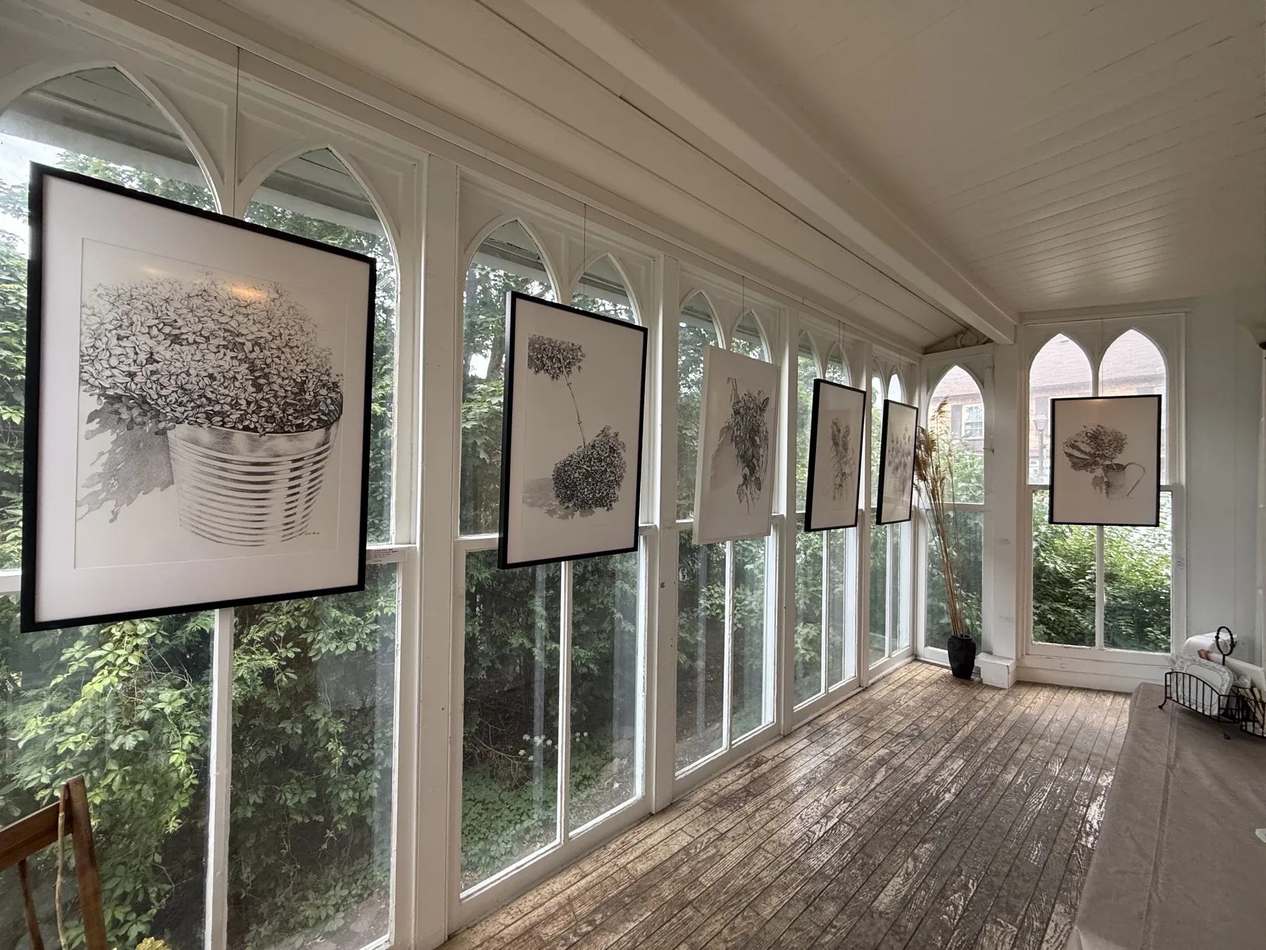 Zhou Hong's botanical ink drawings installed along the glass corridor at McKay Art Centre