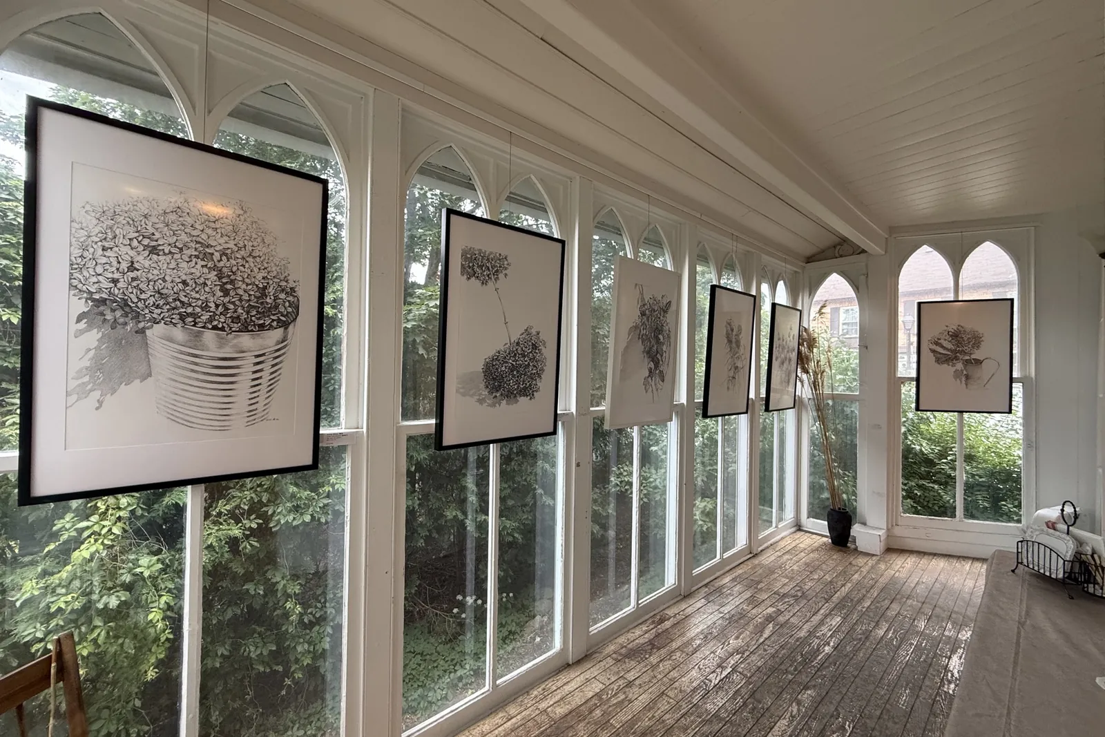 Zhou Hong's botanical ink drawings installed along the glass corridor at McKay Art Centre