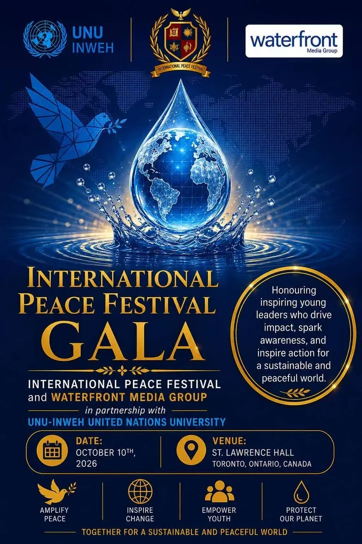 International Peace Festival Gala poster with the event date, St. Lawrence Hall venue, and UNU-INWEH partnership