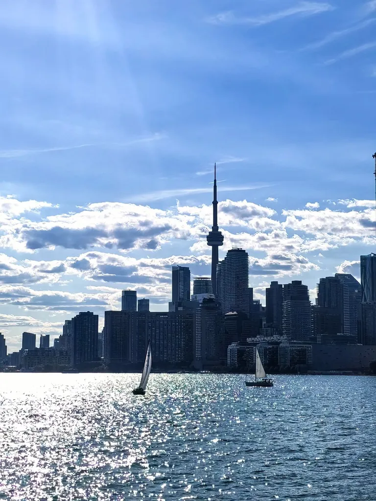 Toronto skyline and sailboats viewed from the water